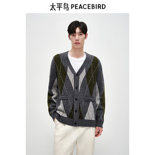Peacebird men's wool cardigan casual sweater brushed yarn contrast color plaid sweater men's early autumn dark gray l
