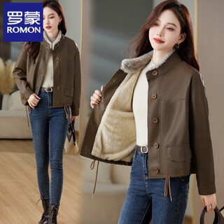 Romon haining leather jacket women's autumn and winter short style 2025 new style fashionable versatile velvet thickened leather-cotton card color m 165