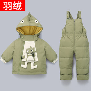 Baby down jacket 8 months 1-3 years old boys and girls winter thickened short baby two-piece suit children's hood 8807 green top + overalls 90 (size is too large, recommended height 85-95cm)