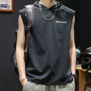 名面连帽背心男无袖坎肩男宽松大码纯棉体恤夏季潮牌篮球带帽运动汗衫 黑色 XL（145-160斤）