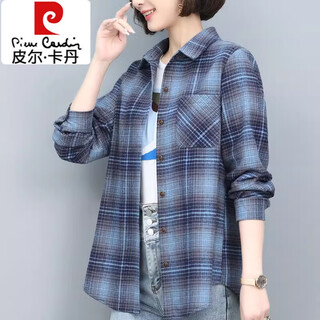 Pierre cardin retro age-reducing plaid shirt women's long-sleeved 2025 spring and autumn new 40 and 50 years old loose middle-aged mother's shirt jacket blue xl 110jin jin equals 0.5kg -125jin jin equals 0.5kg
