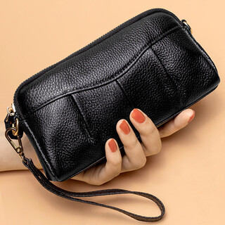 Grozd genuine first-layer cowhide mother's handbag women's clutch long wallet clutch bag zipper mobile phone bag black (handbag style-wrist strap)