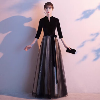 Li baixin black evening dress for women 2025 new autumn and winter can be worn in daily life, temperament long banquet annual meeting host long sleeves black l recommended 100-110jin jin equals 0.5 kg