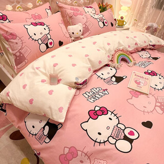 Enxing cute kt princess style pure cotton bed four-piece set of cotton children and girls bedding dormitory sheets three-piece quilt cover jkitty pink sanrio genuine ip high-quality combed cotton bed sheet style 1.8m four-piece set-quilt cover 200*230cm