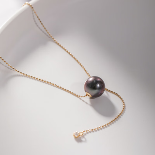 Jingruo yinghuomanxingzhou perfect round 9-10mm tahitian black pearl passepartout pendant 18k gold diamond chain + tahitian pendant set