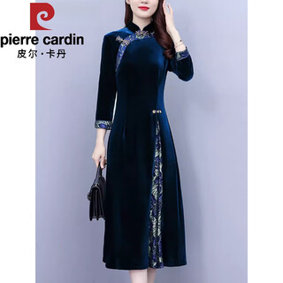 Pierre cardin new chinese style improved cheongsam women's long sleeve gold velvet dress autumn and winter middle-aged mother temperament dress skirt blue xl 115-125jin jin equals 0.5 kg