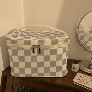Gu ruiniao gray and white plaid cosmetic bag portable outing large capacity high-looking dirty-resistant waterproof toiletries bag cosmetic storage bag gray and white plaid bear