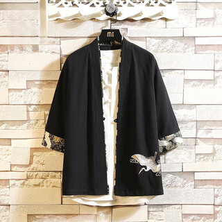 Playboy chinese style linen t-shirt men's tang suit ancient style taoist robe new chinese style hanfu large size cotton and linen sun protection jacket fy336 black (a crane embroidered taoist robe) 2xl (145-165jin jin equals 0.5kg)