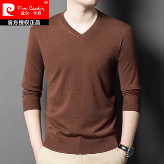 Pierre cardin men's v-neck long-sleeved t-shirt mulberry silk spring and autumn thin sweetheart neck sweater bottoming sweater solid color sweater for men coffee color 304913 180/120/xxl size