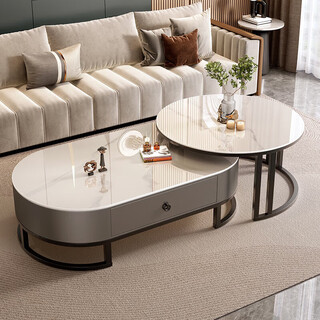 Lanxin slate coffee table living room small apartment simple light luxury oval retractable tea table black frame gray box snow mountain white + snow mountain white 100cm oval coffee table + 70cm small round side table