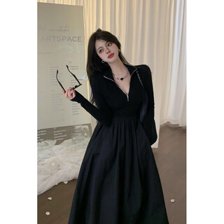 Trumpchi vuitton large size 300jin jin is equal to 0.5kg hong kong style slim design stitching long-sleeved dress for fat mm women autumn and winter waist slimming long skirt black 2xl size recommended 150-190jin jin is equal to 0.5kg