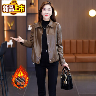 Chujing fashionable casual short leather jacket women 2024 autumn and winter new style western style loose slim leather jacket top velvet brown m 80-100jin jin is equal to 0.5 kg