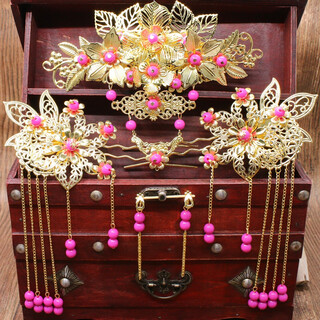 Meng junchen children's ancient costume headwear hanfu accessories hairpin princess hair accessories stage performance hairpin accessories type a headdress rose red set (earring clip)