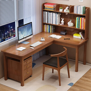 Muyesiyu solid wood corner desk bookshelf bookcase integrated corner computer desk adult home l-shaped desk student study table walnut color single table 120*120*130cm