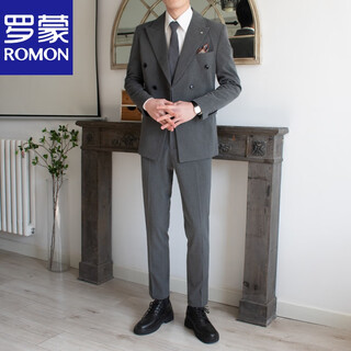 Romon lapel collar double-breasted suit men's suit wedding groom's style formal groomsman suit men's suit three-piece high-end medium gray jacket + pants l