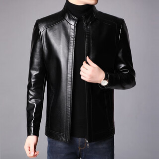Nobel paul (nobolpaul) leather jacket men's autumn and winter velvet thickened stand-up collar coat solid color warm leather jacket middle-aged and elderly men's casual top p59300 black 175/l recommended 110-140jin jin equals 0.5 kg