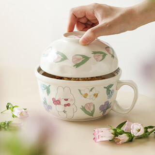 Blue lotus instant noodle bowl ceramic good-looking noodle bowl with handle noodle bowl with lid for home work, school dormitory rice bowl instant noodle bowl tulip hand-pieced instant noodle cup (730ml)