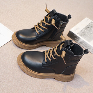 Dadong shijia girls' martin boots 2024 autumn and winter new children's short boots boys' velvet warm cotton boots medium and large children's black leather boots brown single boots size 32 inner length approximately 19cm