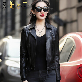 Bo shilan haining new spring and autumn genuine leather jacket for women motorcycle sheepskin slim short jacket large size p5197 black l 105-114jin jin is equal to 0.5 kg