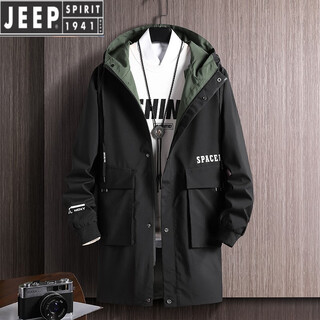 JEEP SPIRIT风衣男外套春秋季中长款2025新款高级新款休闲青年工装大码大衣潮 黑色 3XL