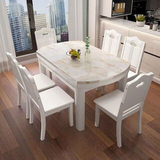 Light luxury marble solid wood dining table modern simple countertop rectangular retractable folding round tabletop home round white frame without induction cooker 1.2m marble dining table *single table