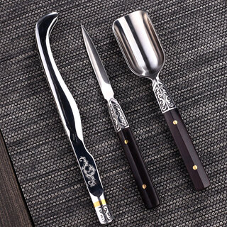 Jiutang pu'er tea knife damascus pattern steel teaspoon set copper tea clamp tea set accessories tea ceremony six gentlemen three-piece set utz steel three-piece set