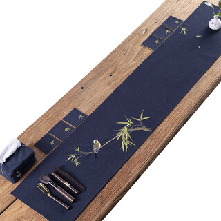 Jingxuan tea mat pure cotton and linen fabric embroidered table flag tea towel tea coaster japanese kung fu tea set accessories navy blue embroidered bird bamboo 30*250cm single tea mat