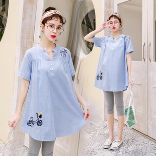 Maternity summer short-sleeved shirt suit going out fashionable two-piece summer cotton striped top shirt for women blue single top m