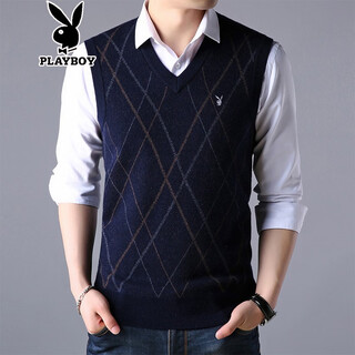花花公子（PLAYBOY）秋冬季羊毛背心男士V领针织衫男装马甲羊毛坎肩无袖毛衣保暖背心 藏青 81306 2XL (180) (推荐150-165斤)
