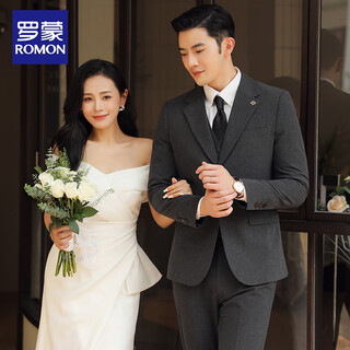 Romon suit male groom wedding formal suit three-piece business casual dress british style stretch slim dark gray top + pants 46/s 85-95jin jin equals 0.5 kg to wear