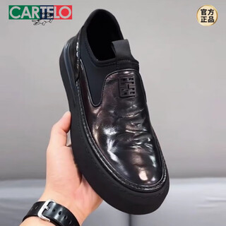 Cartelo first-layer cowhide trendy brand men's shoes 2025 autumn new slip-on cowhide business casual shoes genuine leather thick sole 80195 black 41 standard leather shoe size