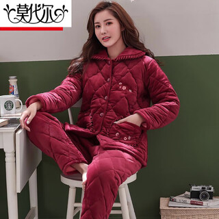 Modal pajamas for women winter coral velvet three-layer quilted middle-aged and elderly mothers thickened flannel warm home clothes set 8021 wine red three-layer thickened plus velvet 2xl recommended 120-140jin jin equals 0.5 kg