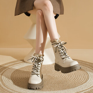 Augushiden martin boots for women 2025 new winter plus velvet warm thick-soled snow boots british style mid-calf short boots cotton shoes 634217 meters khaki thick velvet 37