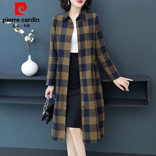 Pierre cardin pure cotton plaid mid-length shirt for women spring and autumn new style large d size over-the-knee windbreaker loose long-sleeved shirt jacket plaid xl recommended 120-136 jin jin equals 0.5 kg