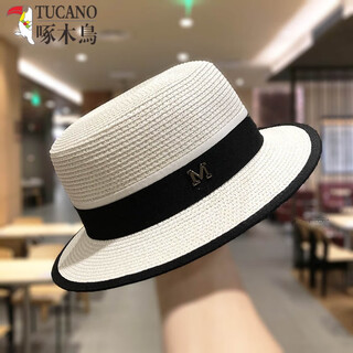 Woodpecker brand korean flat-top small-brimmed straw hat for women summer sun protection straw hat internet celebrity summer fashion british hat white m short-brimmed flat-top straw m (56-58cm)