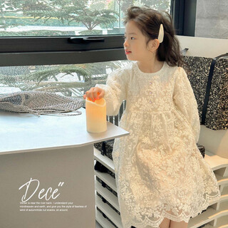 Tutu little elephant girls dress 24 spring and autumn western style children's fairy dress lace jacquard puff sleeve princess dress apricot 120