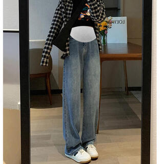 Minchao glenn maternity suit spring and autumn 2024 new fashionable long-sleeved sweatshirt that covers the belly and does not show pregnancy two-piece set of autumn pants blue belly-supporting wide-leg jeans adjustable xl