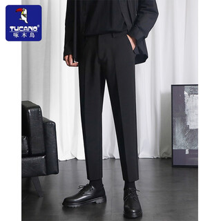 Woodpecker small suit pants men's autumn and winter semi-business suit pants no-iron slim drape straight plus velvet casual nine-point long pants black nine-point pants xl (32) recommended 120-140 jin jin equals 0.5 kg