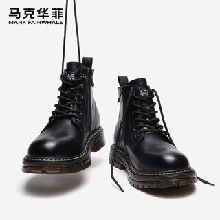 马克华菲马丁靴男士2025秋冬季棉鞋加绒雪地靴高帮男鞋靴子皮靴 纯黑 41