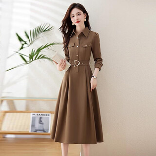 Chu xin's high-end long-sleeved shirt dress for women 2025 spring and autumn new women's waist slimming temperament knee-length skirt khaki xl recommended 115-125 jin jin equals 0.5 kg