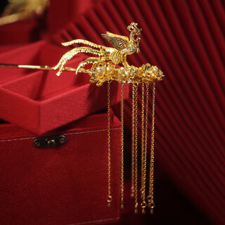 Suyi embroidered golden phoenix crown with tassels, grand antique style wedding hairpin, beautiful dress, hair accessories, bridal headdress, phoenix hairpin (single)