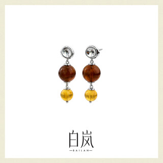 Bai lan double amber earrings for women, amber 925 silver earrings, niche temperament, exquisite and elegant birthday gift for wife, dark amber earrings