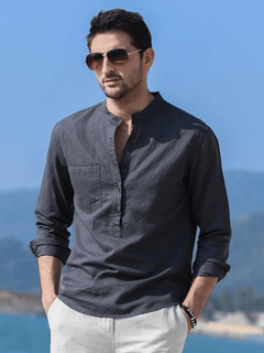 Kuraishi kazuki light luxury trendy brand high-end cotton and linen henry collar shirt men's long-sleeved t-shirt 2025 spring and autumn new stand-up collar dark gray dark gray m