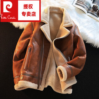 Pierre cardin suede jacket men's fur integrated sherpa top winter velvet thickened motorcycle parka men's jacket camel xl