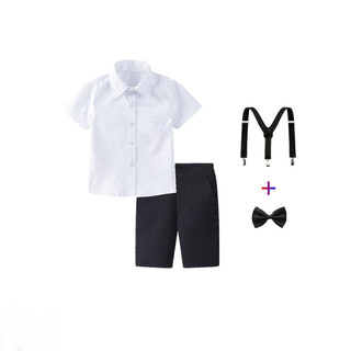 Xiangguotu children's performance clothing blue shirt short sleeves black shorts boys photo shirt performance suit children's flower girl dress white = short sleeves + shorts + suspender clip + black tie 100 yards