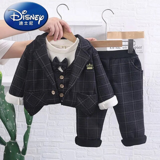 迪士尼（Disney）男童西装套装宝宝加绒加厚衣服三件套秋冬款韩版礼服---岁潮 加绒 黑色 皇冠西装三件套 73