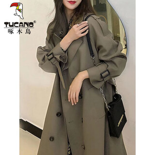 Woodpecker (tucano) this year's popular windbreaker 2024 new autumn wear mid-length coat for women over the knee temperament goddess fan yinglun style green coffee color 3xl recommended 150-165 jin jin equals 0.5 kg to wear
