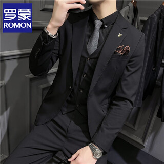 Romon groom's suit men's three-piece complete set korean style slim temperament business casual formal wedding groomsmen dress sjt9931 black 2xl