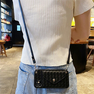 Lieehaen apple mobile phone case, coin purse, woven crossbody strap, card holder, personalized and creative, leather card holder for women, personalized, creative and anti-fall, black plaid woven pattern coin card holder + crossbody lanyard, 6.1 inches - exclusive for apple iphone 11