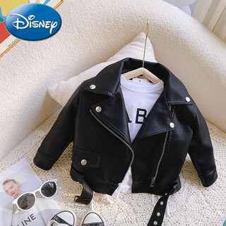 Disney (disney) girls leather jacket 2024 autumn new children's style korean style baby motorcycle jacket spring and autumn jacket top black motorcycle lapel leather jacket 90 tag 90 suitable for 90cm